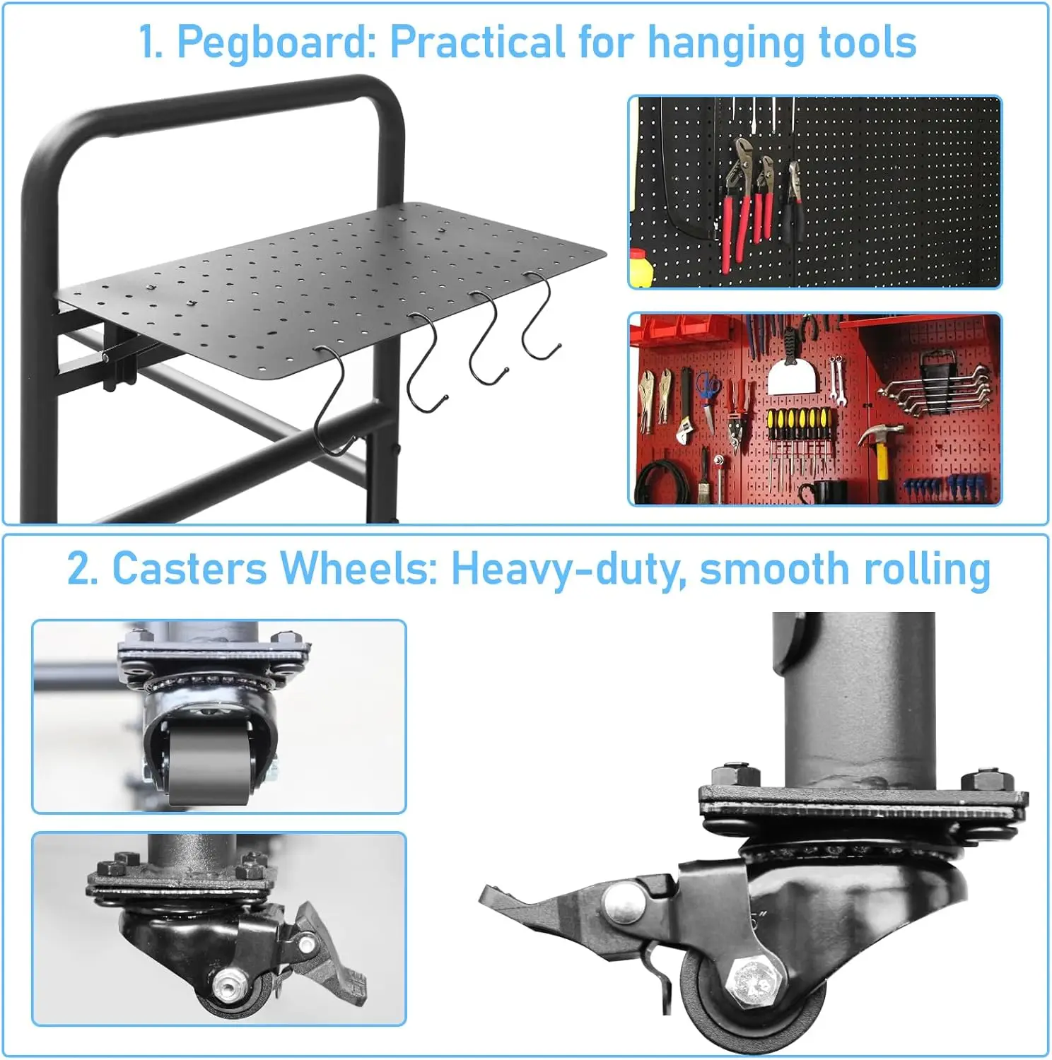 Regulowany metalowy stojak na opony z składaną tablicą narzędziową, 4 kółka obrotowe, wysokość 150 cm, udźwig 300 kg do przechowywania w garażu