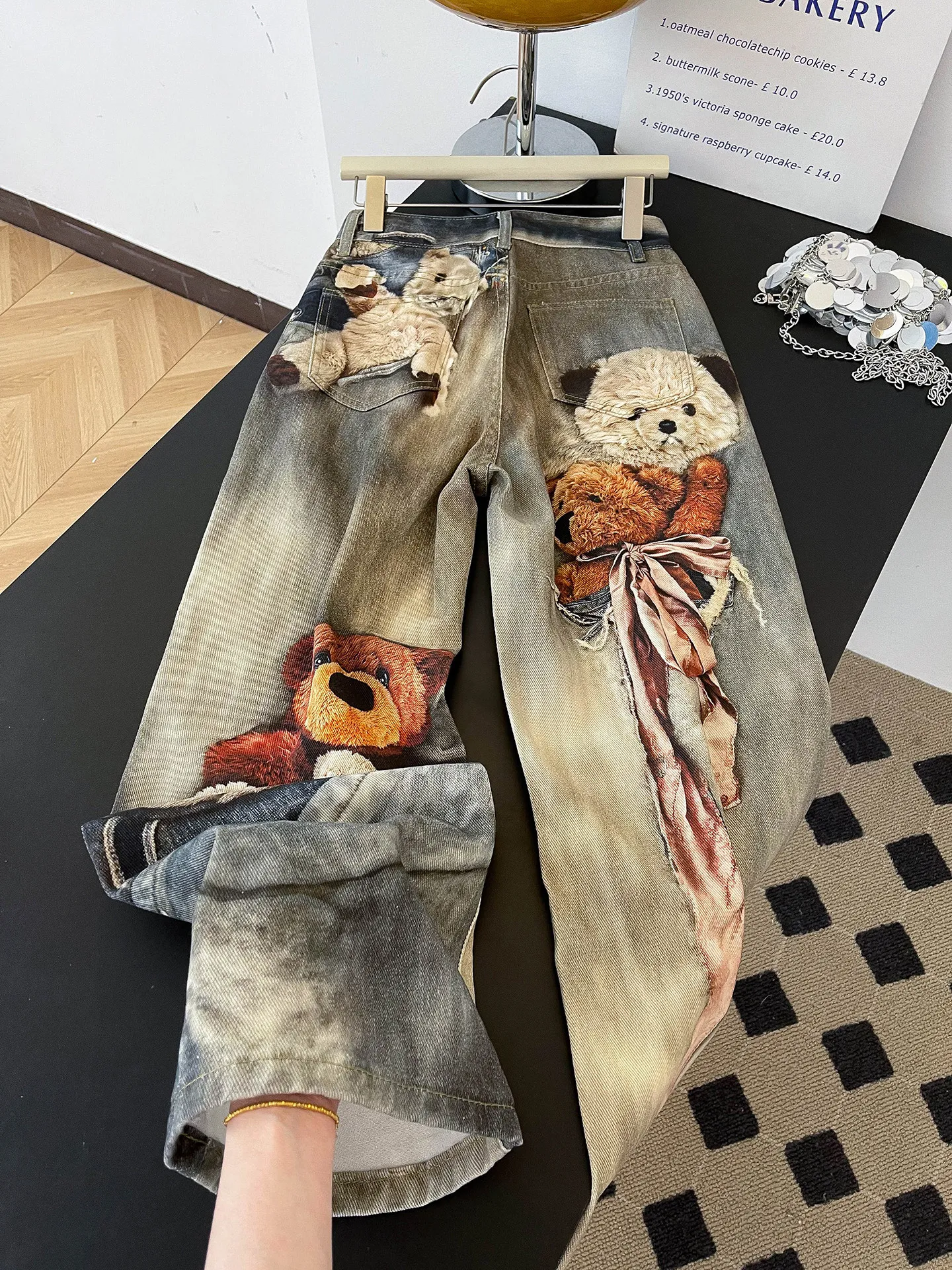 Retro American Street Design Bear 3D Printed Wide Leg Denim Pants Women Loose Fitting Vintage Long Trousers Summer High Waist