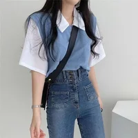 Haut à col polo bloquant les documents de style académie d'été pour femmes, faux t-shirt deux pièces à manches courtes, chemisier décontracté polyvalent, paresseux, adt 3