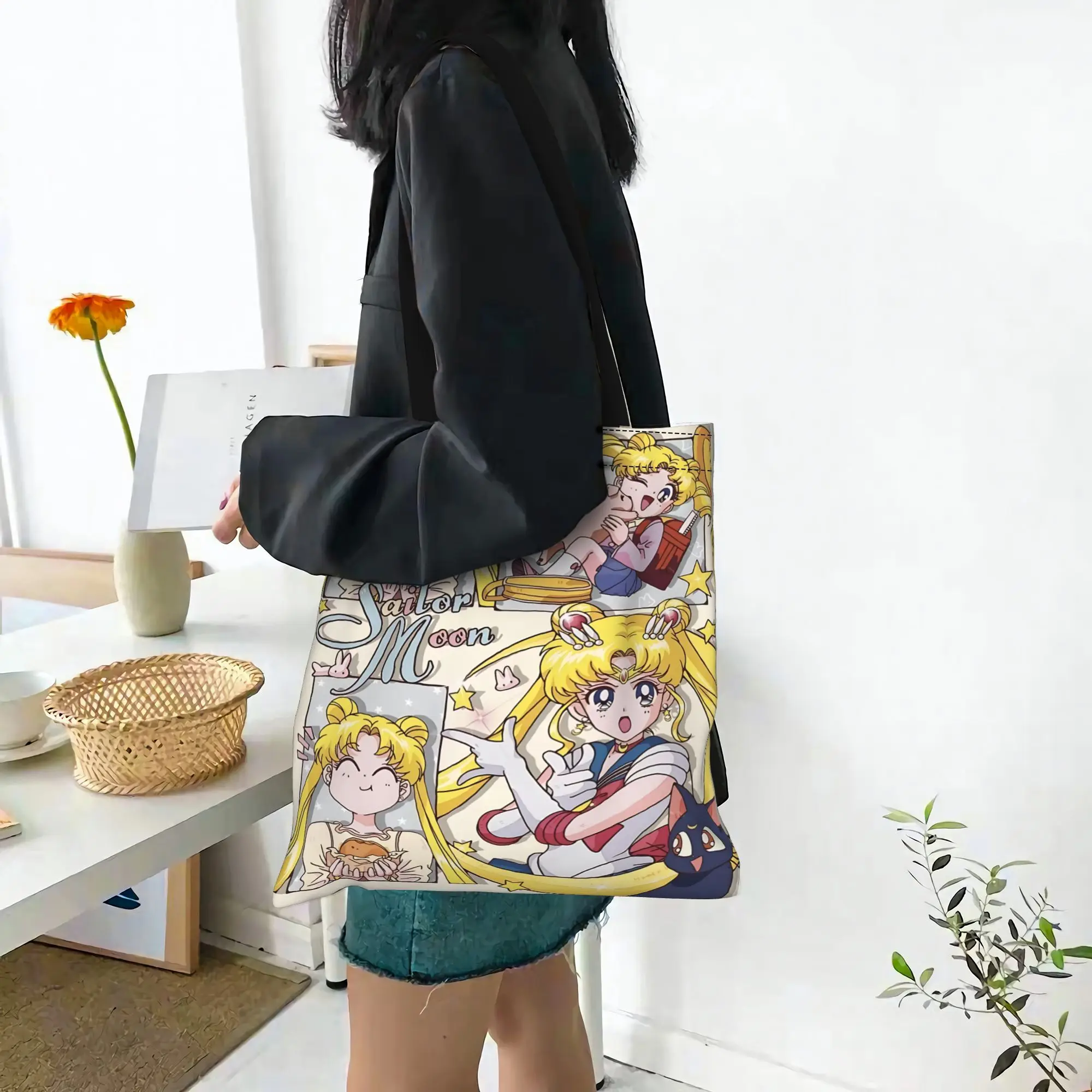 Customized Sailor Moon Women's Bag Shopping Bag Reusable Double Sided Canvas Tote Bag Shoulder  Handbag