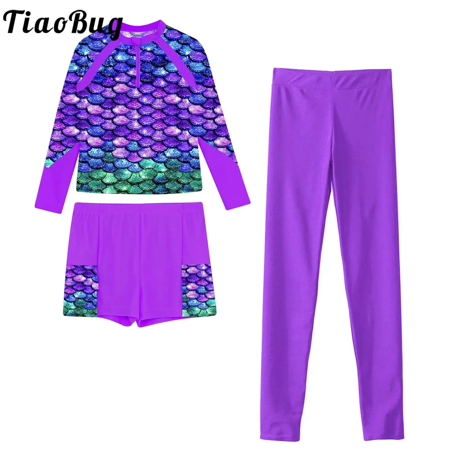 Kids Girls Boys 3Pcs Print Swimsuit Rash Guard Long Sleeve Swim Top with Shorts Pants Beach Surfing Bathing Suit Sports Swimwear