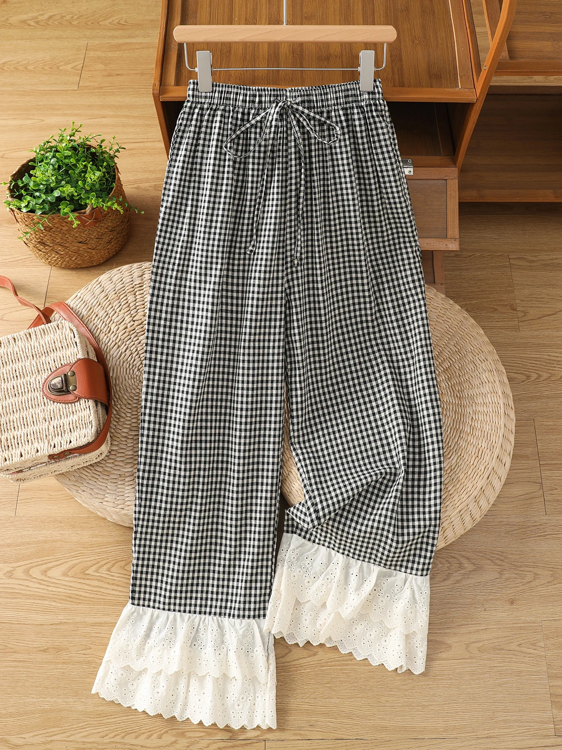 

Повседневные хлопковые льняные брюки, женские двухслойные хлопковые кружевные свободные удобные летние брюки, корейские длинные брюки со средней талией