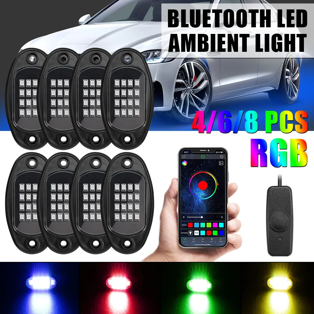 

Светодиодные рок-фонари RGB 4/6/8 в 1, для Jeep, внедорожного грузовика, лодки, Bluetooth, управление через приложение, синхронизация музыки, освещение шасси автомобиля под глазурью