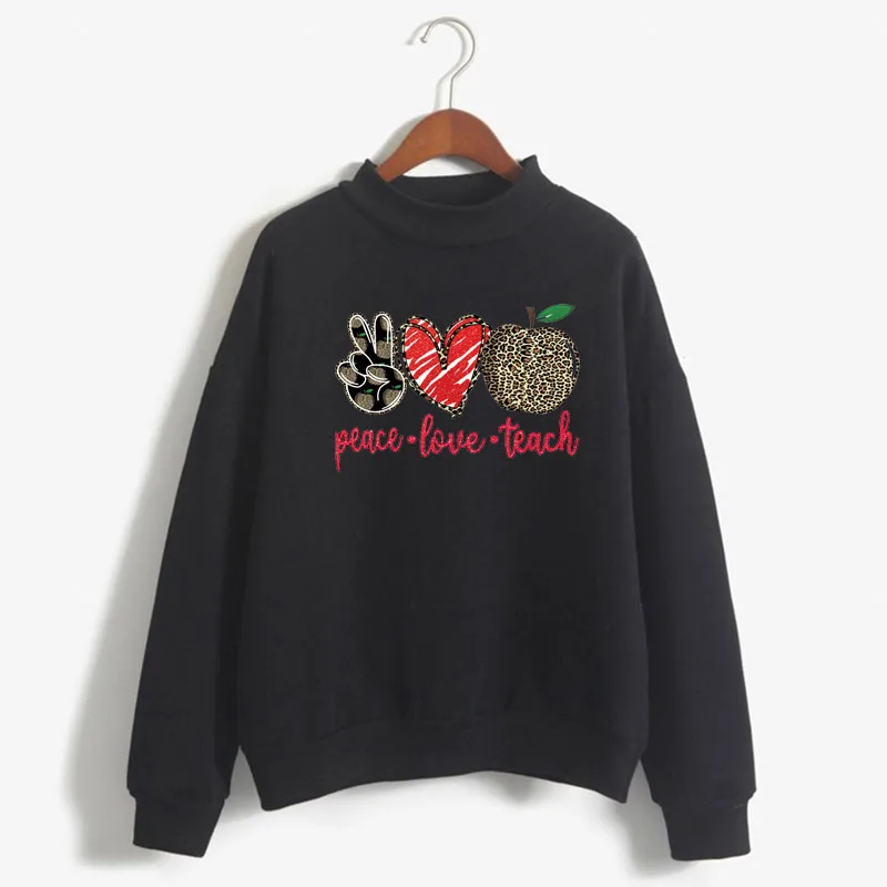 

Leopard Peace Love Teach Print Women Sweatshirt Sweet Korean O-neck Knitted Pullover Autumn Winter Candy Color Lady Clothing