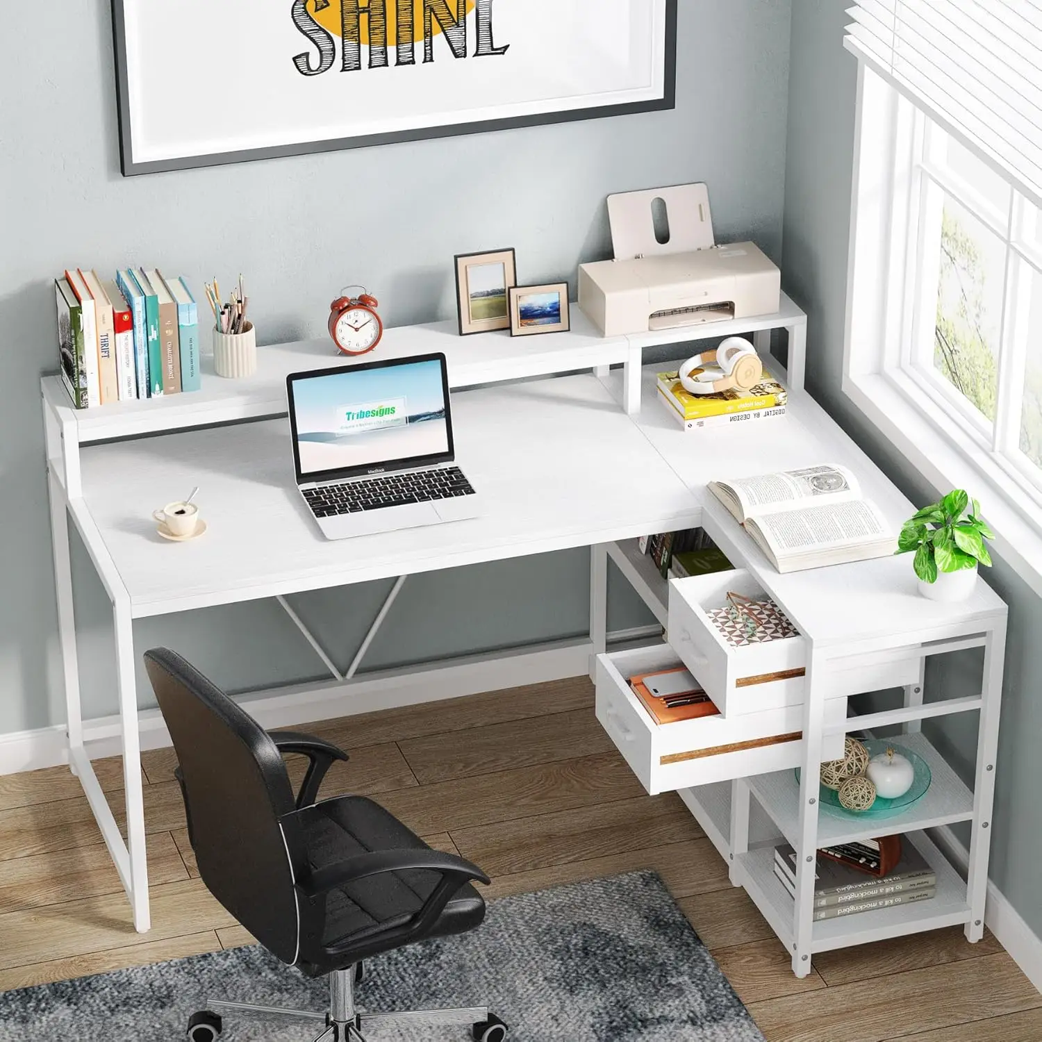 

55-inches Reversible L Shaped Desk with Drawer, Modern White L Corner Desk Home Office Table with Storage Shelves