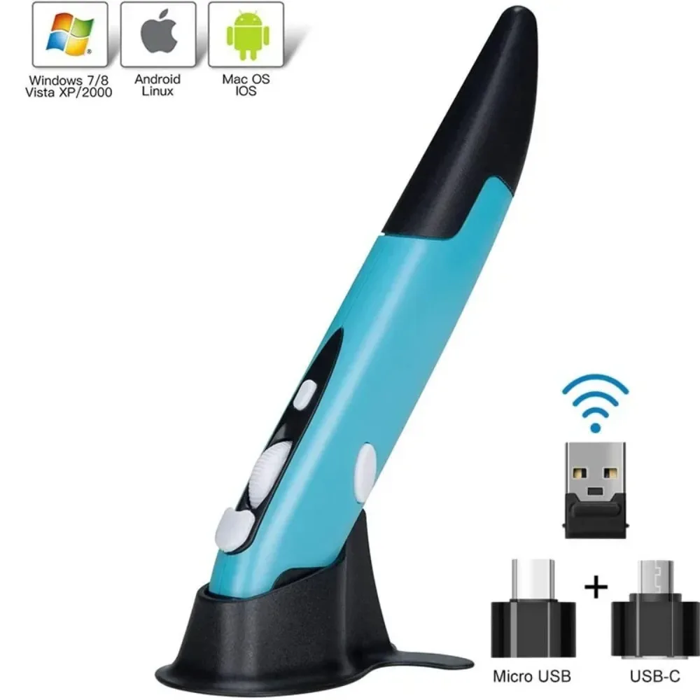 2.4G Wireless Ergonomic Pen Mouse 1600DPI Adjustable Optical Sensor Mini Pen-Shaped for Laptop Desktop PC Tablet Peripherals