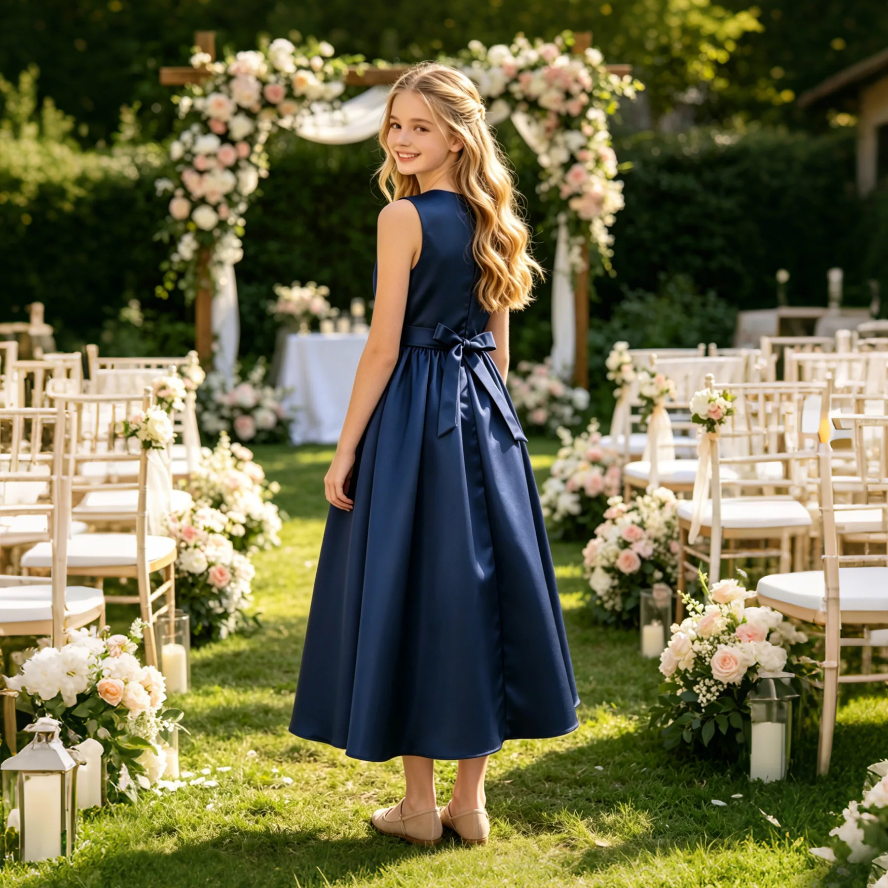 HETISO 13-16 Years Kids Elegant Comfortable Dress Simple Blue Beading Sashes Princess Formal Ball Gown for Children Girls