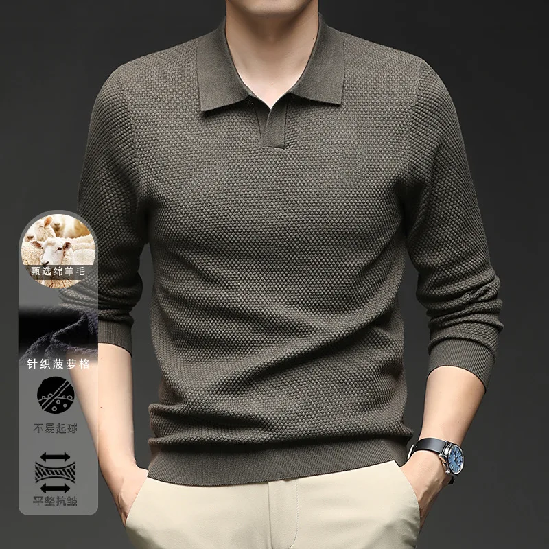 

New Men's Knitted Sweater Solid Color Lapel Pineapple Pattern Wool Comfortable Top Men's Fashion Casual Long Sleeves