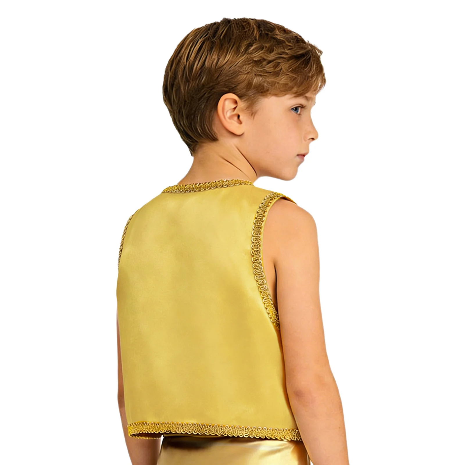 Kids Boys Arabian Prince Fairy Tale Genies Cosplay Costume Open Front Golden Braided Trim Vest Halloween Party Fancy Waistcoat