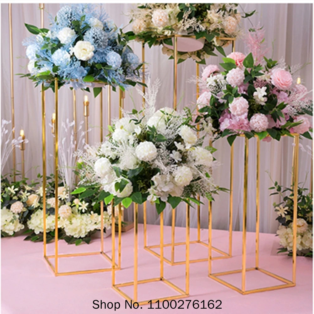 

4pcs Shiny Gold Iron Plinths Pillar Cake Holder Metal Frame Backdrops Wedding Centerpiece Flower Stand Home Crafts Rack Decor