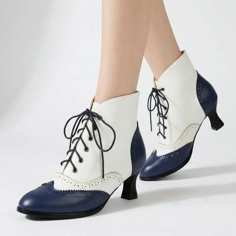 

Women Patchwork Brogue Ankle Boots Kitten Heel High Heels Lace Up Round Toe Wingtips Retro Victorian Short Booties