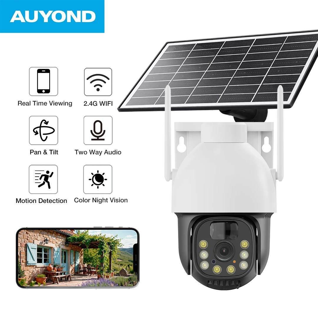 

AUYOND New WiFi Wireless HD IP Cam Outdoor Waterproof Color Night Vision Motion Detection PTZ Home Security AOV Solar Camera