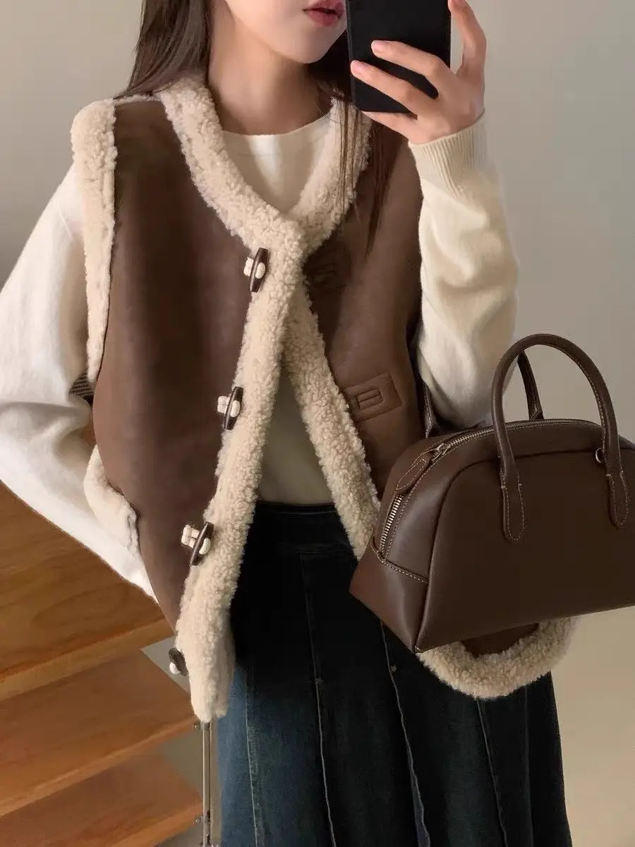 Lamb Plush Women's Vests Solid Classic Trend 2024 New Outerwear Working Warm Casual Insulated Cold Youthful Elegant Lady Giletes