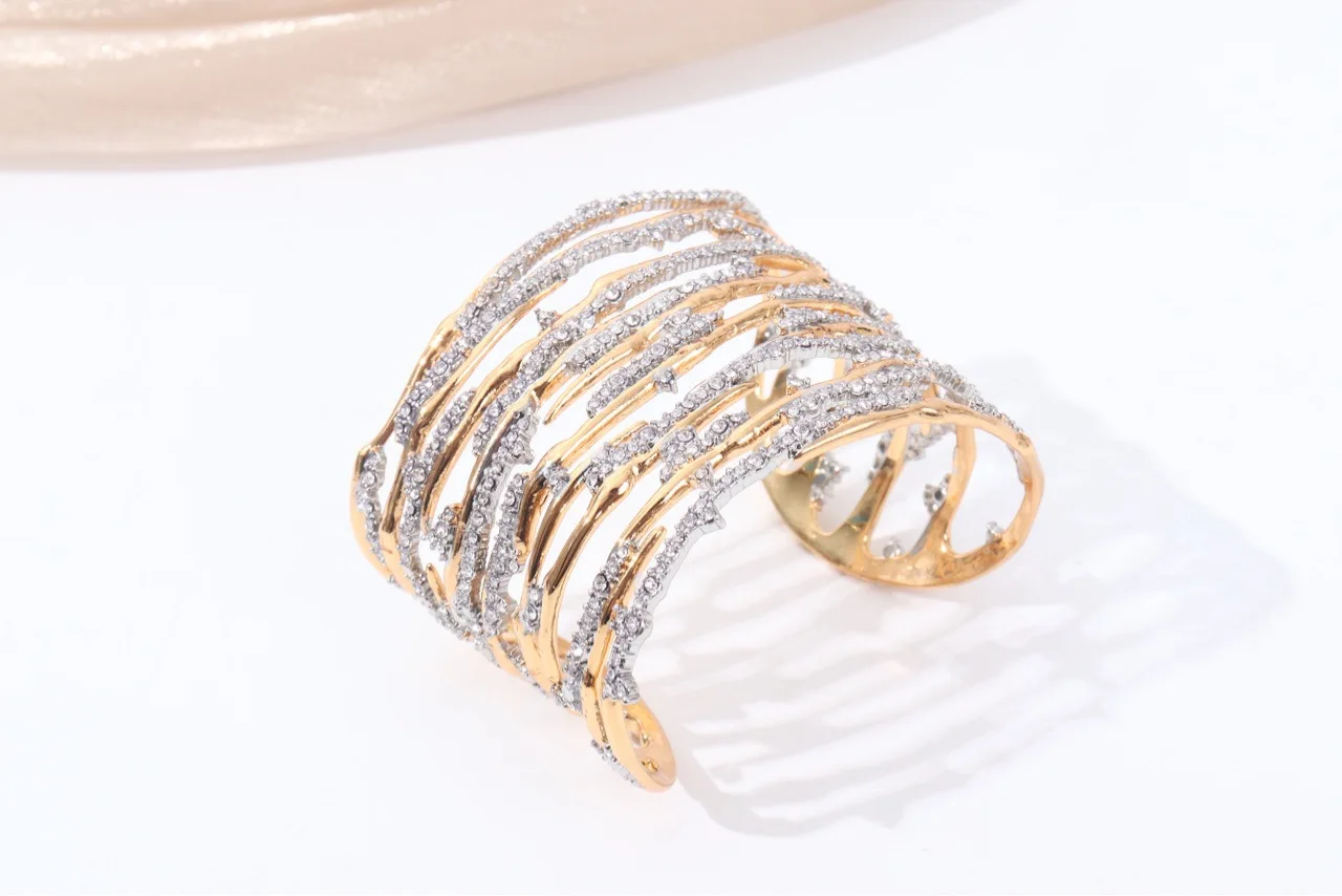 

New Fashion 14K Solid Gold Full Diamond CZ Cuff Bangle Multi-Layers 925 Silver Bracelets Wristband Geomteric Line Fine Jewelry