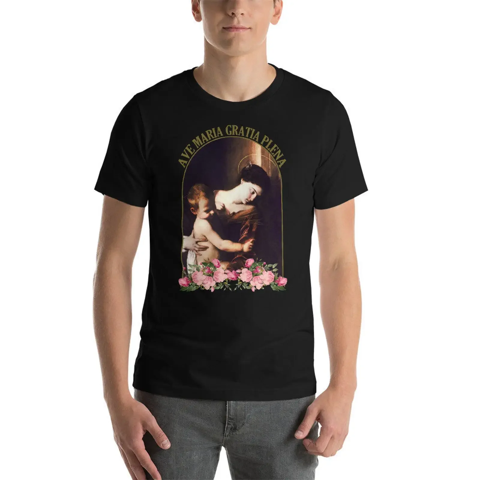 Camiseta Religiosa Católica Ave Maria Nossa Senhora de Loreto Caravaggio, Estilo Casual Vintage Lavado e Macio