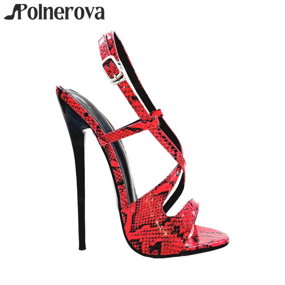 16 cm Extreme Stiletto Sandalen Schlangenmuster Peep Toe Sexy High Heels Lackabsatz Mehrfarbige Knöchelschnalle High Heels Damen Sandalen