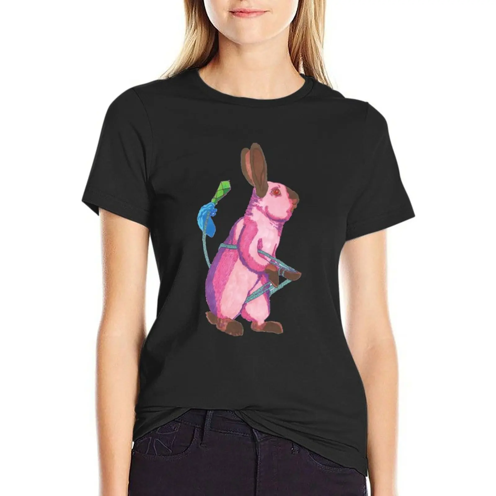 Ropedart Rabbit Bunny T-Shirt kawaii clothes summer top lady clothes black t-shirts for Women