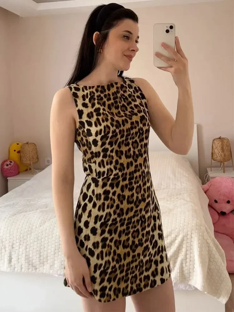 Leopard Print Mini Dress Women Vintage Slim Sleeveless Hip Package Female Dresses 2024 Fashion Summer Street Lady Short Vestidos