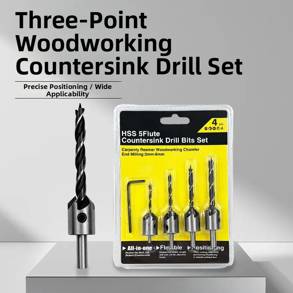 

4pcs HSS Countersink Drill Bits Set3-6mm Reamer Woodworking Chamfer Drill Counterbore Pliot Hole Cutter Screw Hole Drill Tools