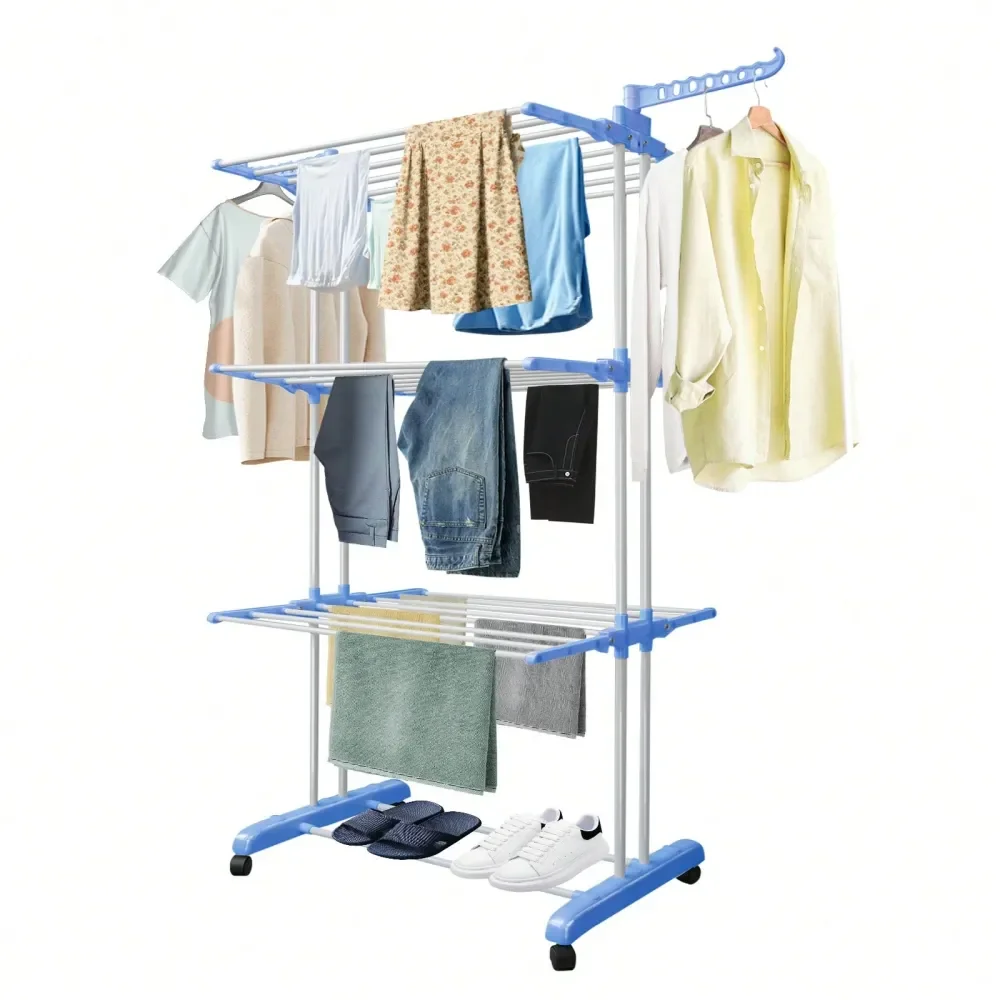 Drying Rack Stand 4Tier, Foldable Wings Laundry Garment Rack , Steel Drying Rack, Adjustable Rolling Clothes Horses Dryer Rack,