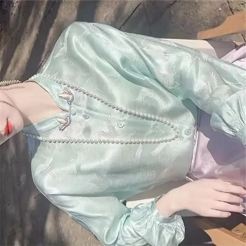

Spring Summer Chinese Style Mint Green Satin Blouse Retro Bird For Women Button Shirt High End Jacquard Cardigan Female