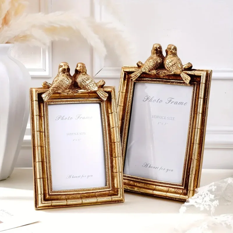 6-inch & 7-inch Vintage Gold Bird Photo Frame - Resin Home Tabletop Creative Decor