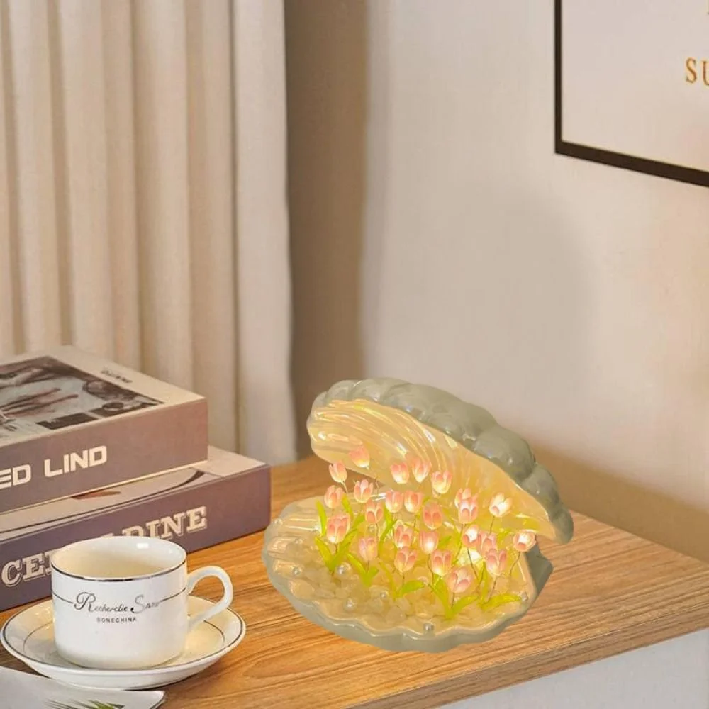 Battery Powered DIY Ceramics Shell Tulip Night Light 20 Flowers Shell Tulip Shape Tulip Atmosphere Lights Simulation Flower
