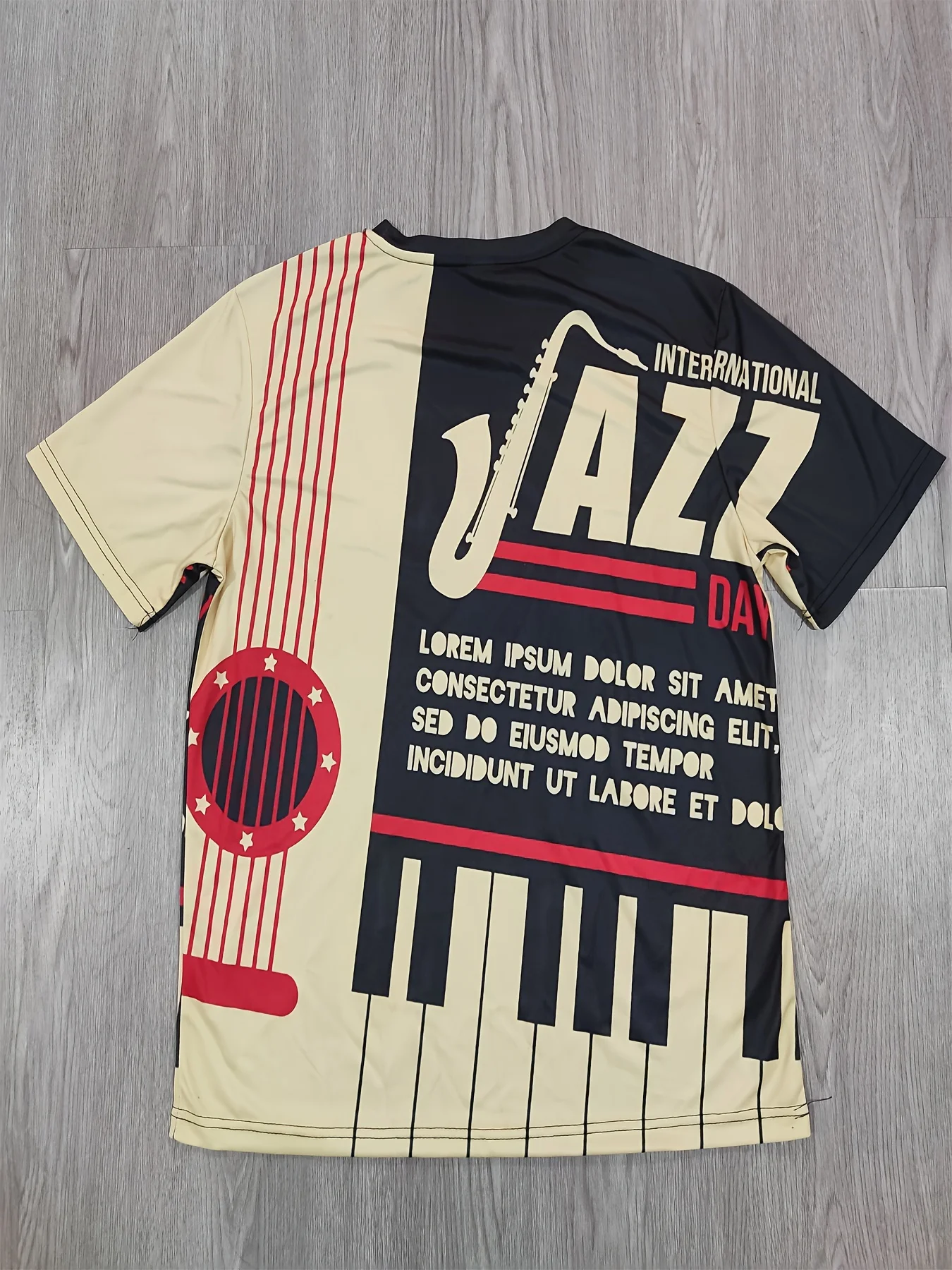 Jazz Instrument And Letter Digital Print Men\'s Creative Color Block Short Sleeve Crew Neck T-shirt, Summer Outdoor