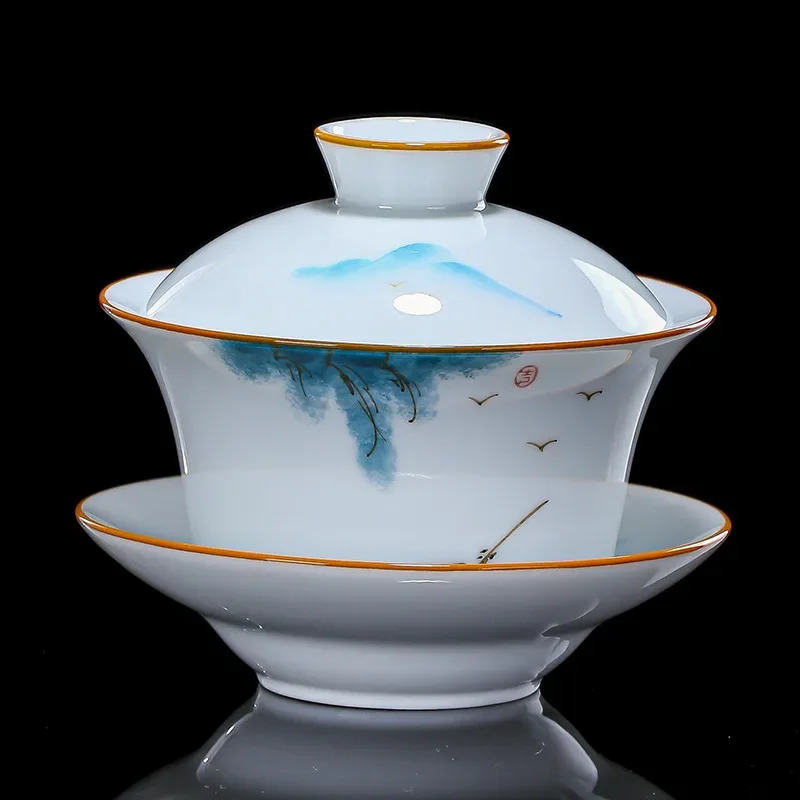 Hand-painted Flower Colorful Tea Gaiwan Set Luxury Gaiwan Luxury Gift Set Shadow Green Ceramic Sancai Tureen Special Tea Bowl