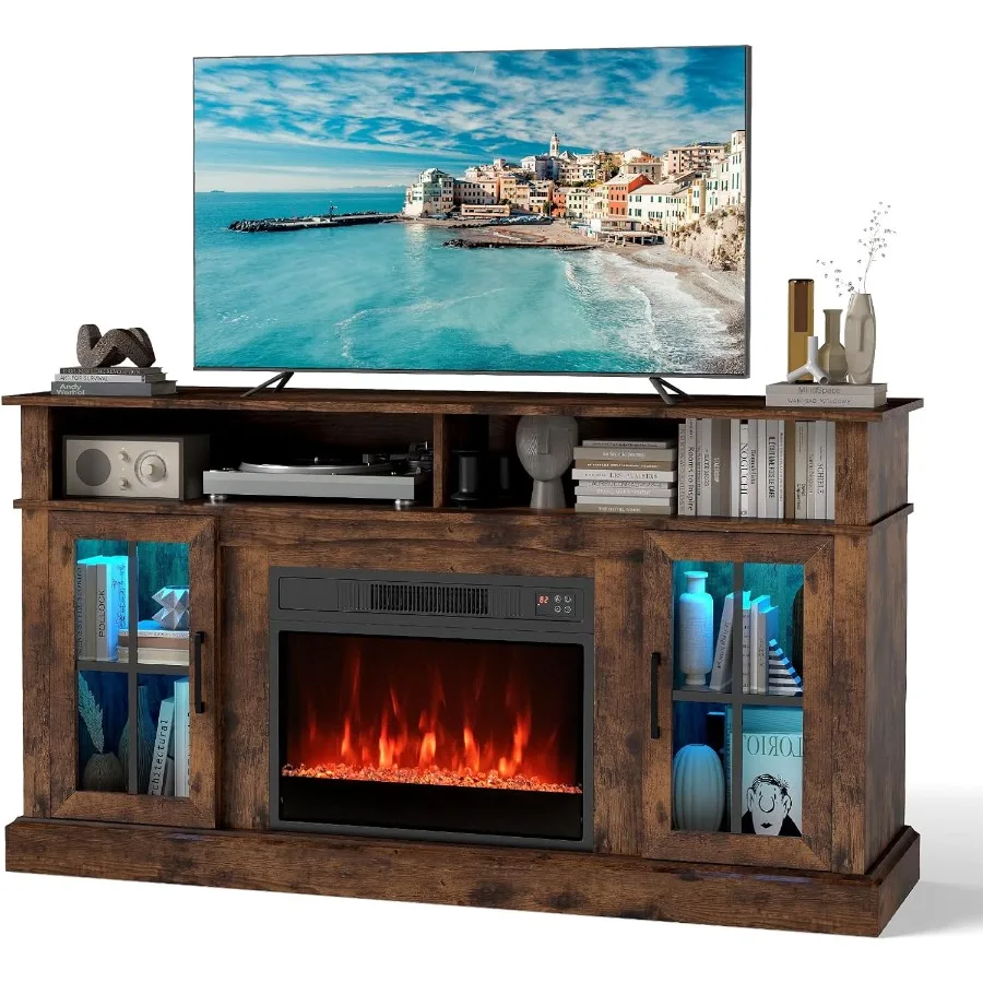 حامل تلفزيون مدفأة كهربائية مصمم لأجهزة التلفاز حتى 65 بوصة يتميز بأضواء LED المحيطة وجهاز التحكم عن بعد قابل للتعديل I #1