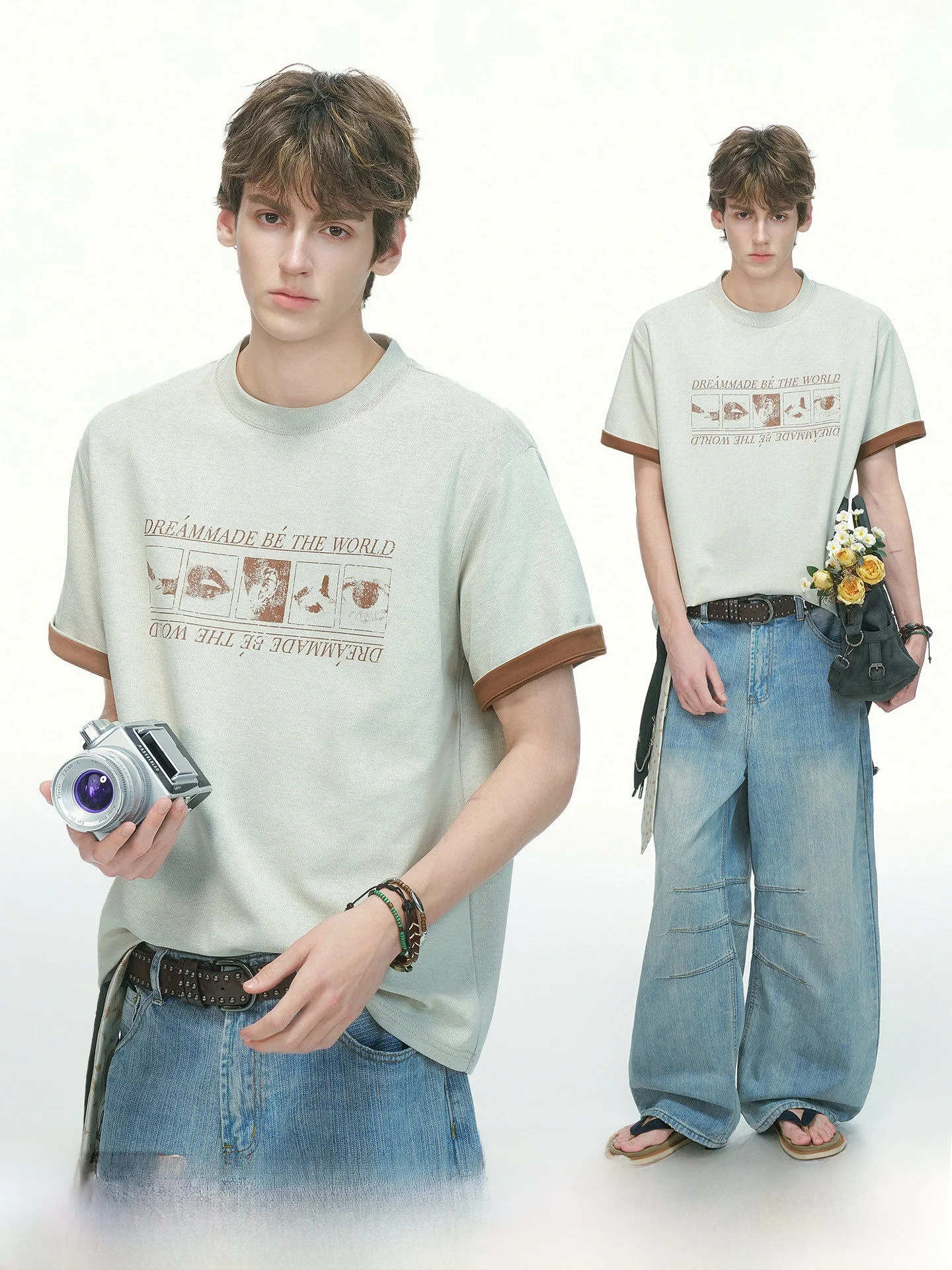 

Dream Made Luxury Color Block Short Sleeve Men's T-shirt Heavyweight American Style Half Shoulder Printed Cotton Blend T-shirt