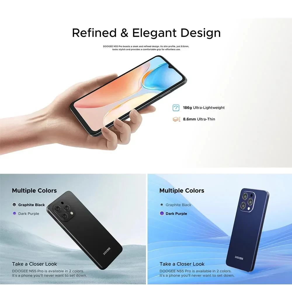 هاتف ذكي DOOGEE N55 PRO 5G بشاشة 6.56 بوصة وتردد 90 هرتز وذاكرة وصول عشوائي 4 جيجابايت وذاكرة داخلية 128 جيجابايت وكاميرا ثلاثية UNISOC T606 ونظام تشغيل Android 14