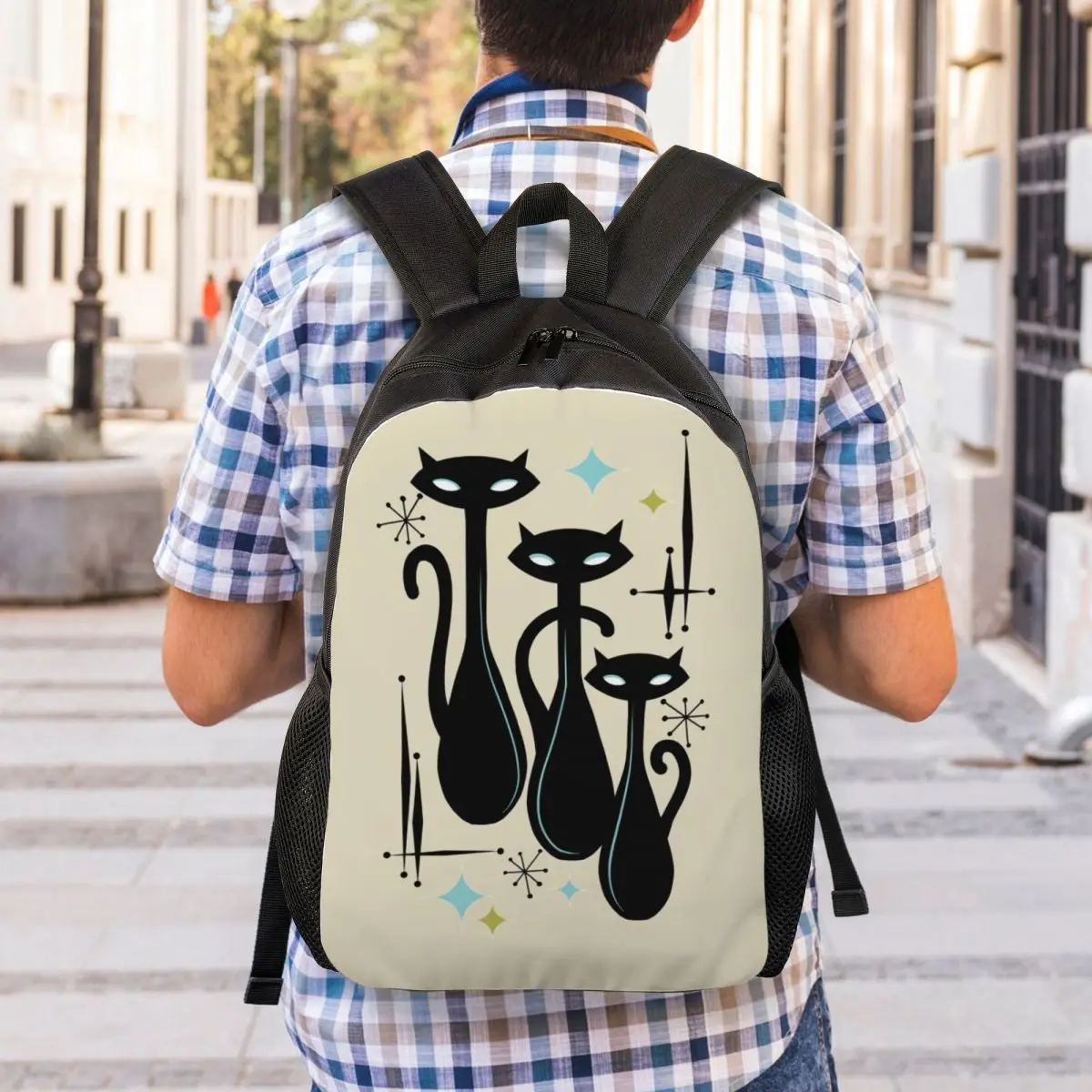 Customized Modern Meows Atomic Age Black Kitschy Cats Backpack Women Men Basic Bookbag for College School Bags image 6