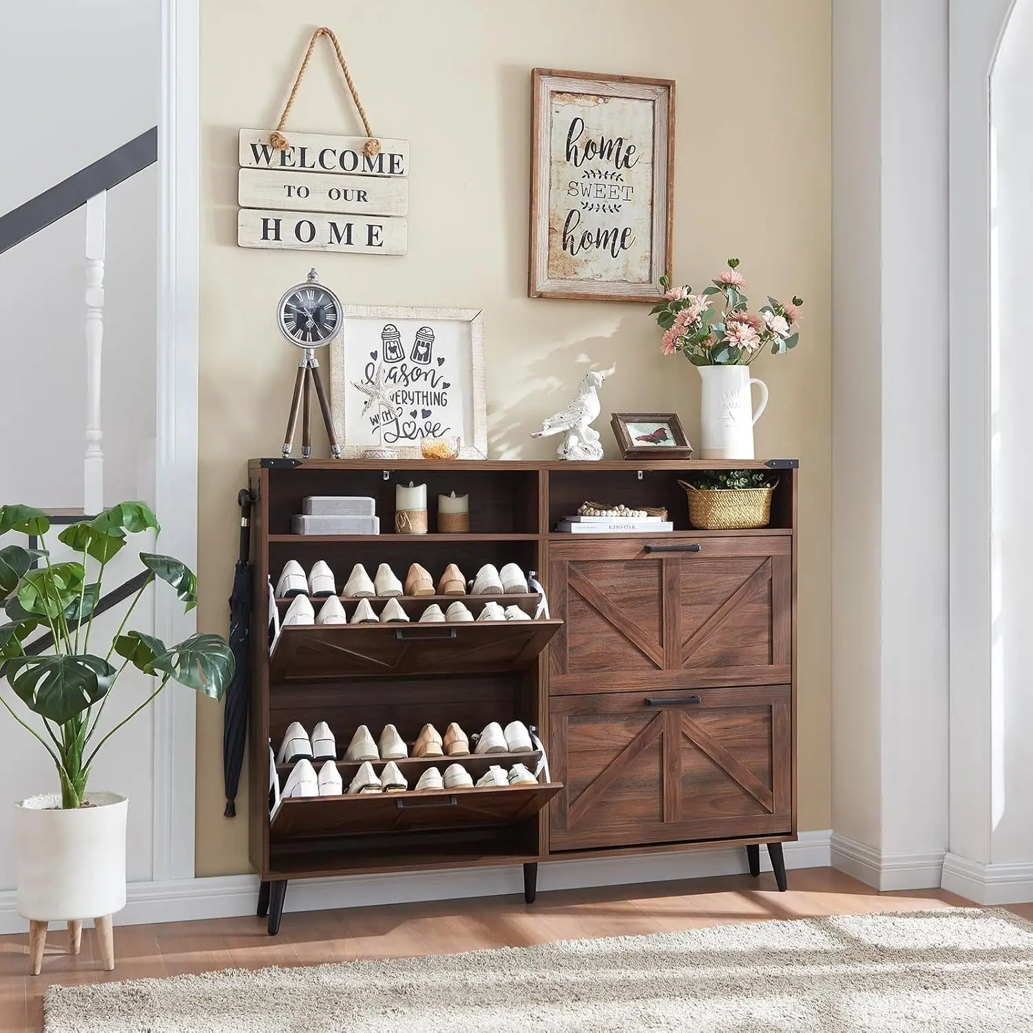 

Shoe Storage Cabinet,Farmhouse Shoe Organizer with 4 Flip Drawers & Barn Door Design,Freestanding Hidden Slim Narrow Shoe Rack