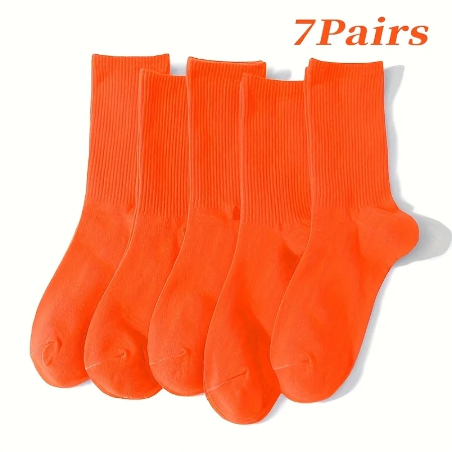 7 Pairs of Unisex Orange Thin Comfortable Cute Solid Color Striped Mid-Tube Sports Socks, for Teenager, For Teenager