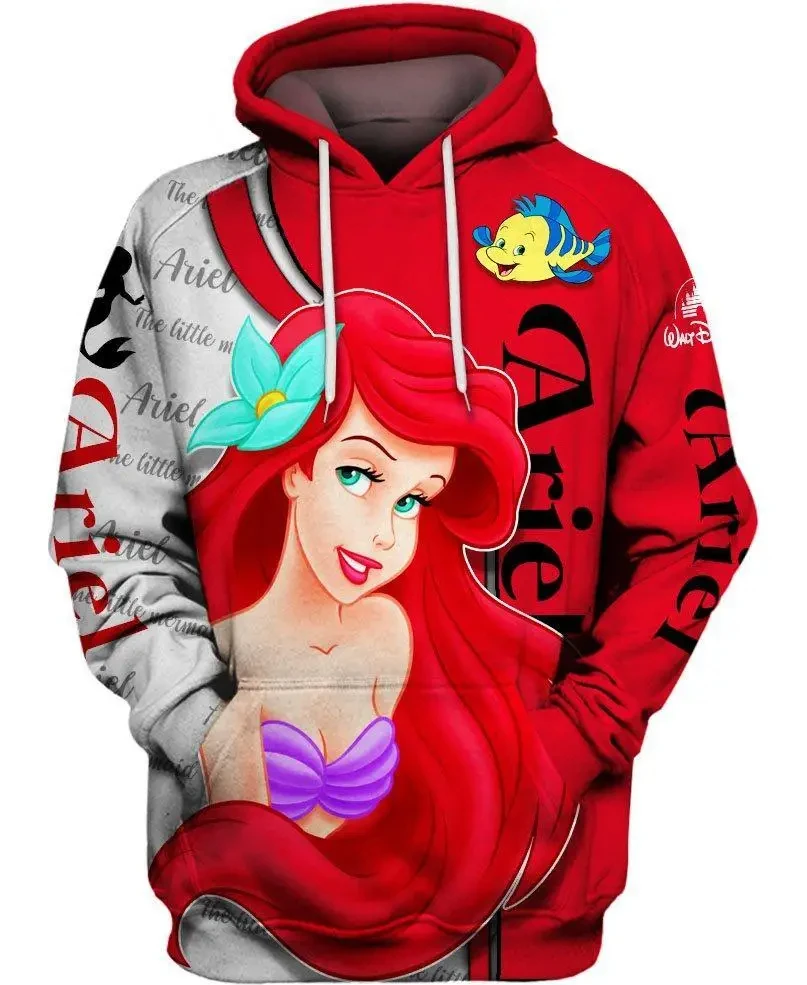 Spring and Autumn Disney Children's Cartoon Pattern Ariel Little Mermaid 3D Printed Hoodies Outdoor Pullovers Men and Women Stre