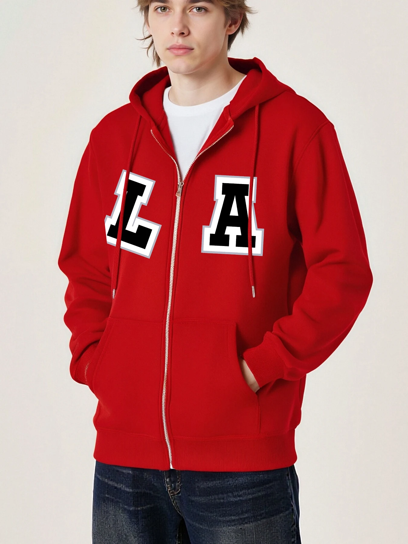 

Artistic Letters L And A Prints Zipper Jackets For Man Casual All-Match Hoodies Loose Retro Top Autumn Warm Fleece Clothing Male