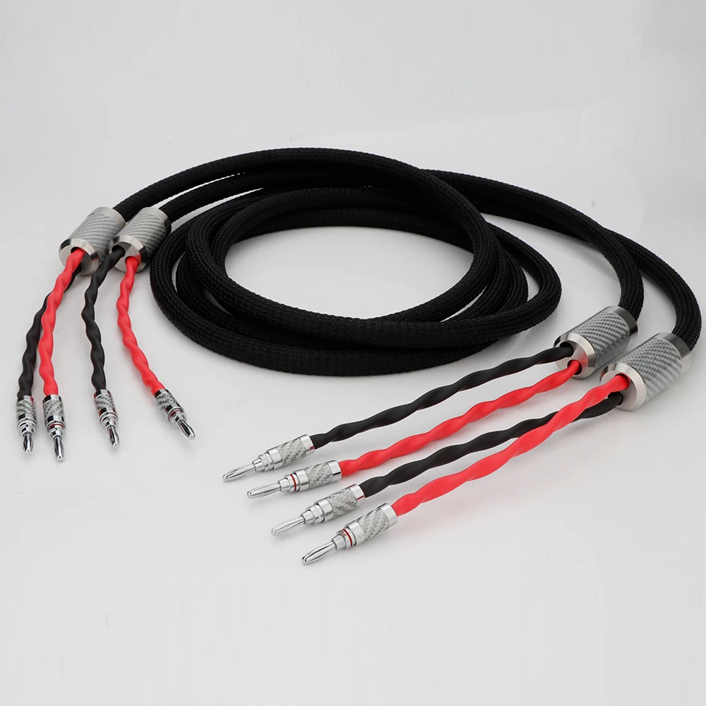 Pair loudspeaker cable OCC Silver Plated with Carbon Fiber Banana Plug15AWG  Black Braided 2 to 2 Rhodium plated banana Plug