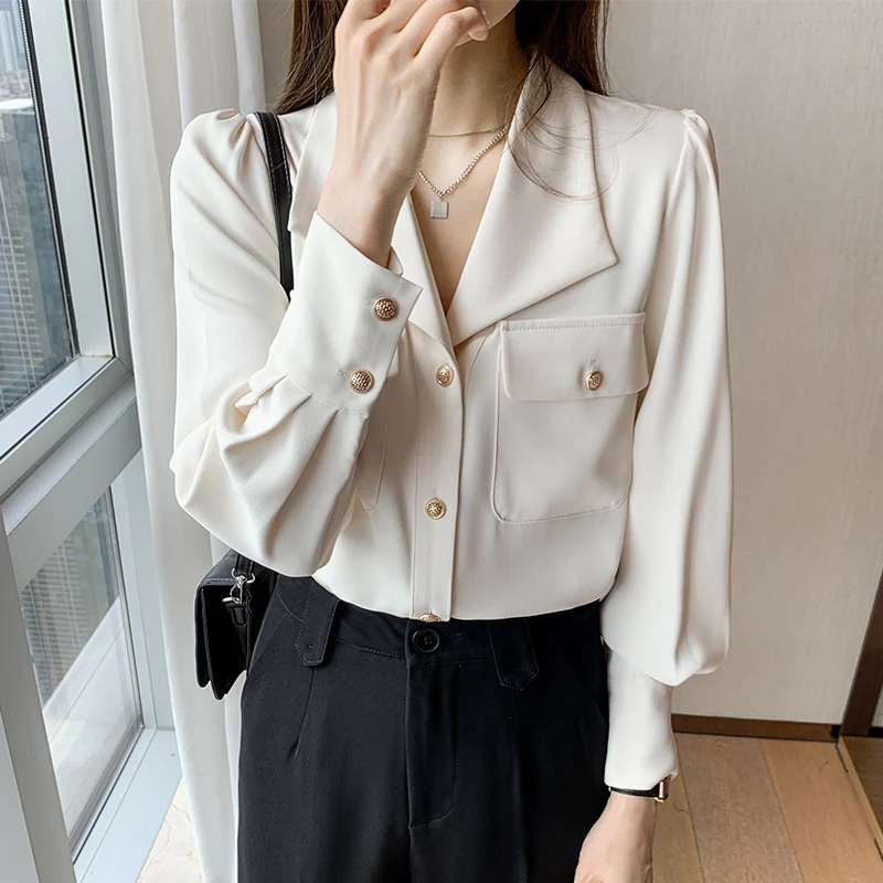 Long Sleeve Blouse Women Blusas Mujer De Moda 2024 V-Neck Office Chiffon White Blouse Shirt Women Tops Blouses Women Shirts E588