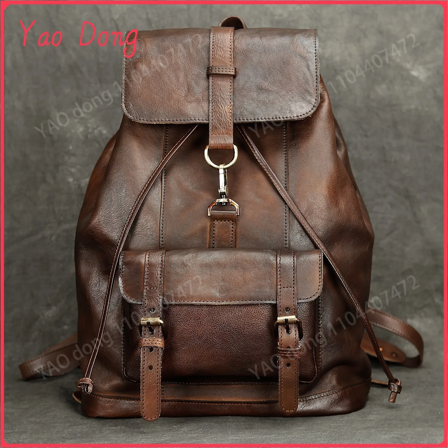 Yao Dong Anti Theft Men's Genuine Leather Backpack Vintage Handmade Knapsack Male Retro Rucksack Large Fashion Travel Backpack B