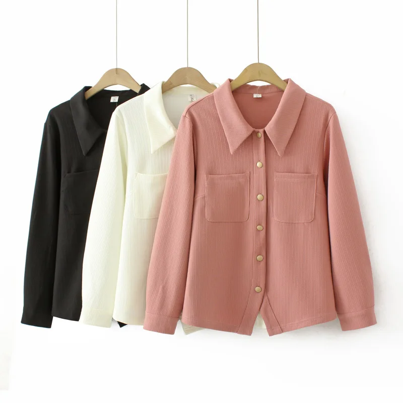 Fashion Two Pocket Split Hem Shirt Women Plus Size Autumn Winter Casual Clothing Lapel Long Sleeve Blouses Solid Color Tops