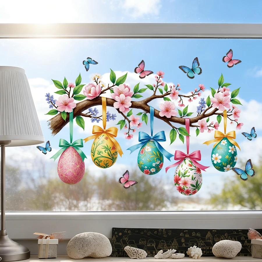 Oster-Fensteraufkleber, statische Aufkleber, Eier mit Schmetterlingen und Blumenzweigen, abnehmbare, wiederverwendbare Frühlingsdekoration für Kinderzimmer, Kinderzimmer