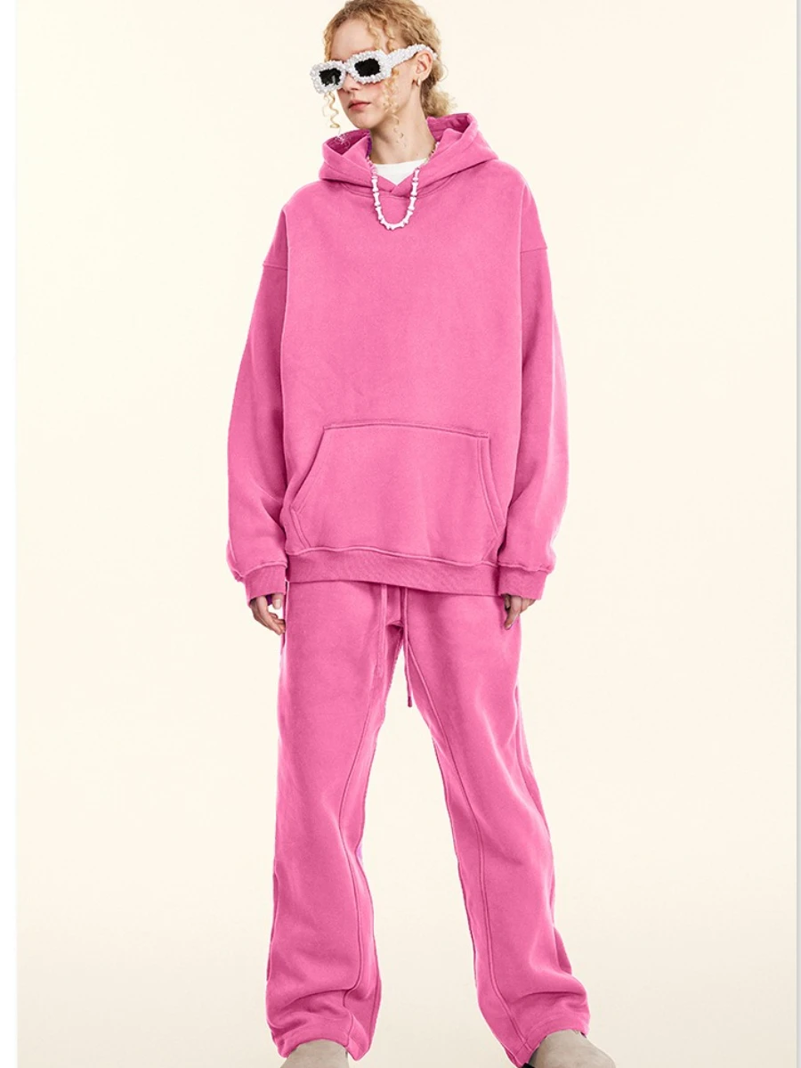 

Sumuyoo Solid Color Fleece Couple Hoodie Set Autumn Winter 345g/㎡ Women Oversize Loose Streetwear Sweatshirt Pants Suit
