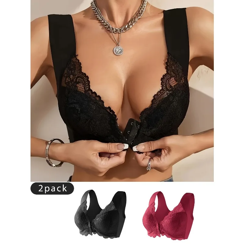 Ladies' Front-opening Bra, Fashionable Lace Lingerie, Full Cup Gathering, Lace Cutout Design