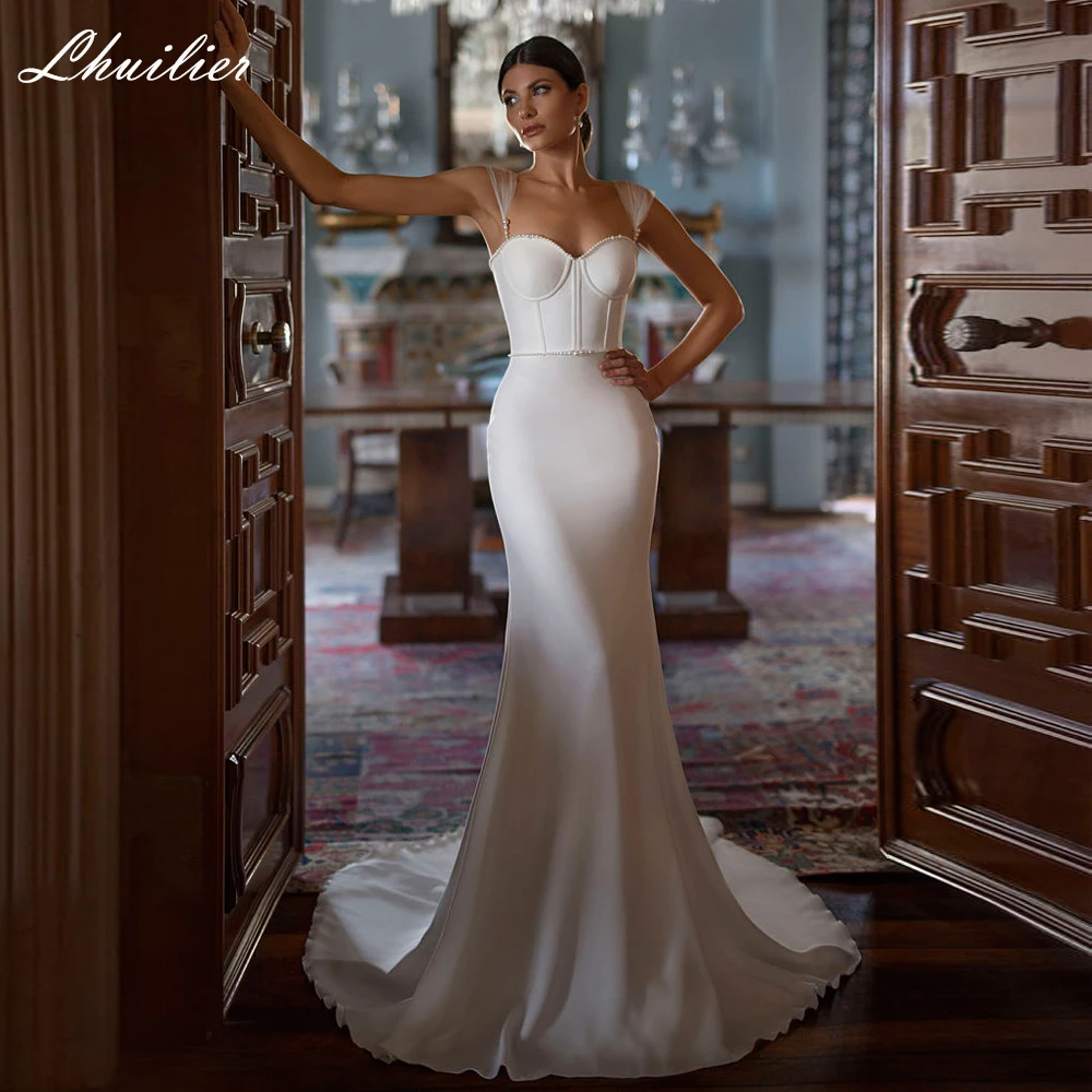 Lhuilier Abiti da sposa in raso a sirena da donna personalizzati Abito da sposa senza maniche con perline di perle e strascico