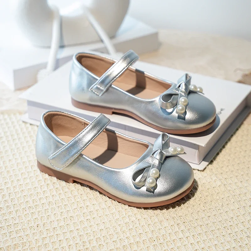 2026 Girls' Leather Shoes Spring And Autumn Bow Children's Princess Shoes Trendy Versatile Children's Casual Fashion Flat Shoes