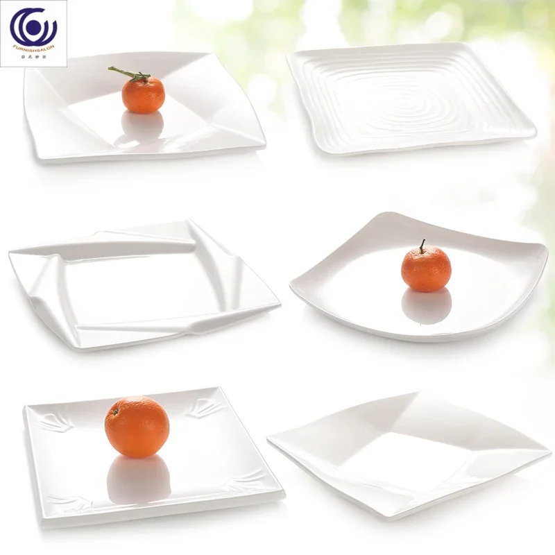 Vajilla de melamina imitación porcelana, plato para arroz, plato cuadrado blanco con base inclinada, plato para comida rápida y fideos salteados