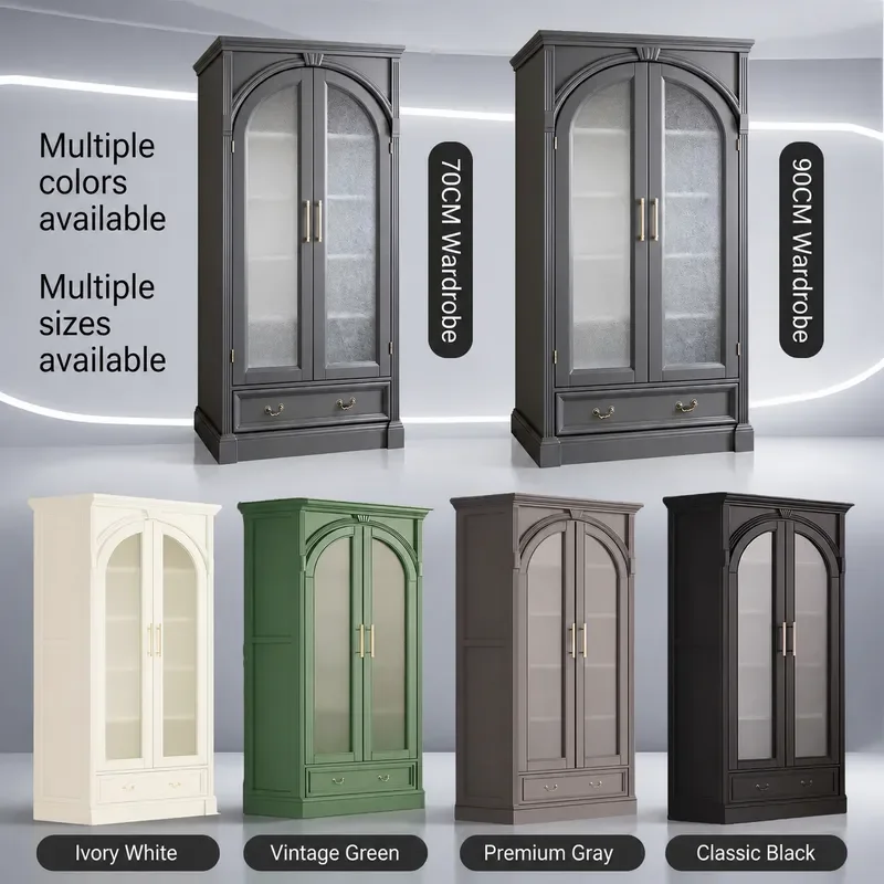 Cream Solid Wood Independent Wardrobe 90cm Arched Double Door Small Apartment Custom Storage Cabinet Compact Closet