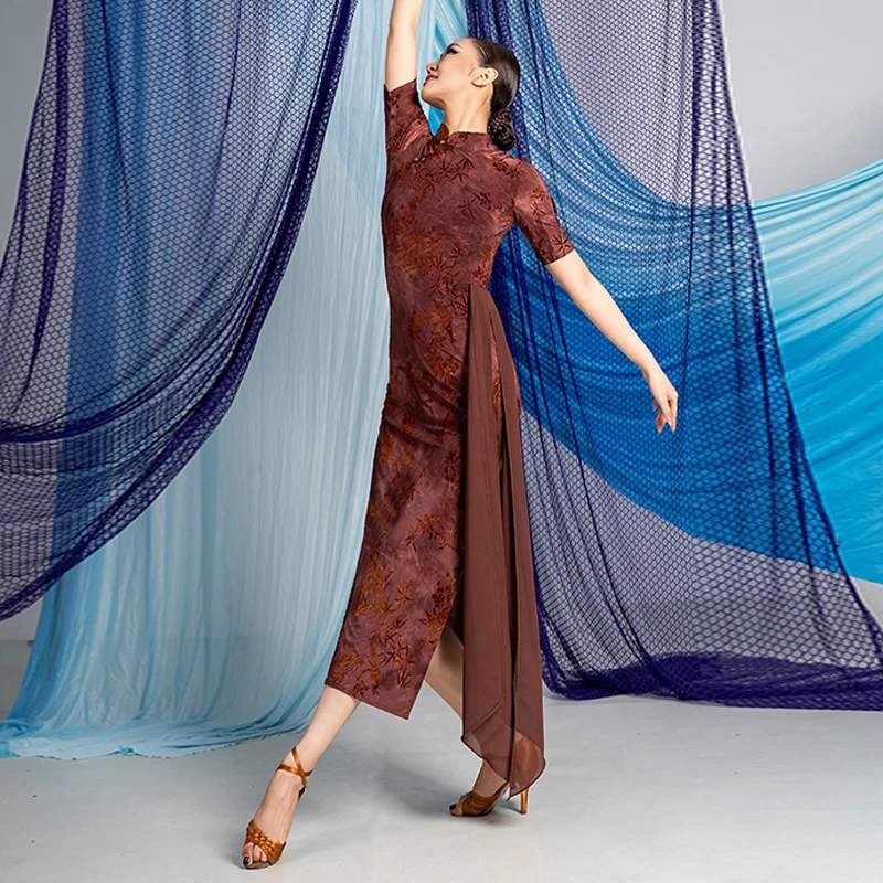 Abito da ballo latino estivo a maniche corte Donna Rumba Tango Sala da ballo Abiti da spettacolo di danza Abbigliamento da pratica latino per adulti DNV23448