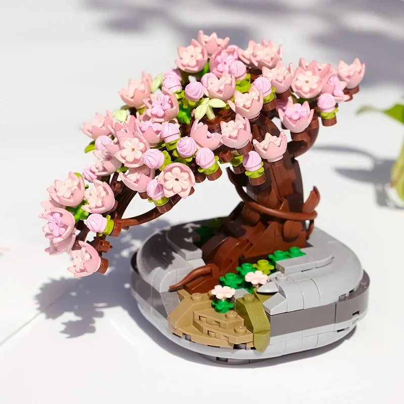 Bonsai suculento en maceta con flor de cerezo, Mini bloques de construcción para decoración para sala de estar, regalo de Halloween/Royño de Acción de Gracias/Navidad
